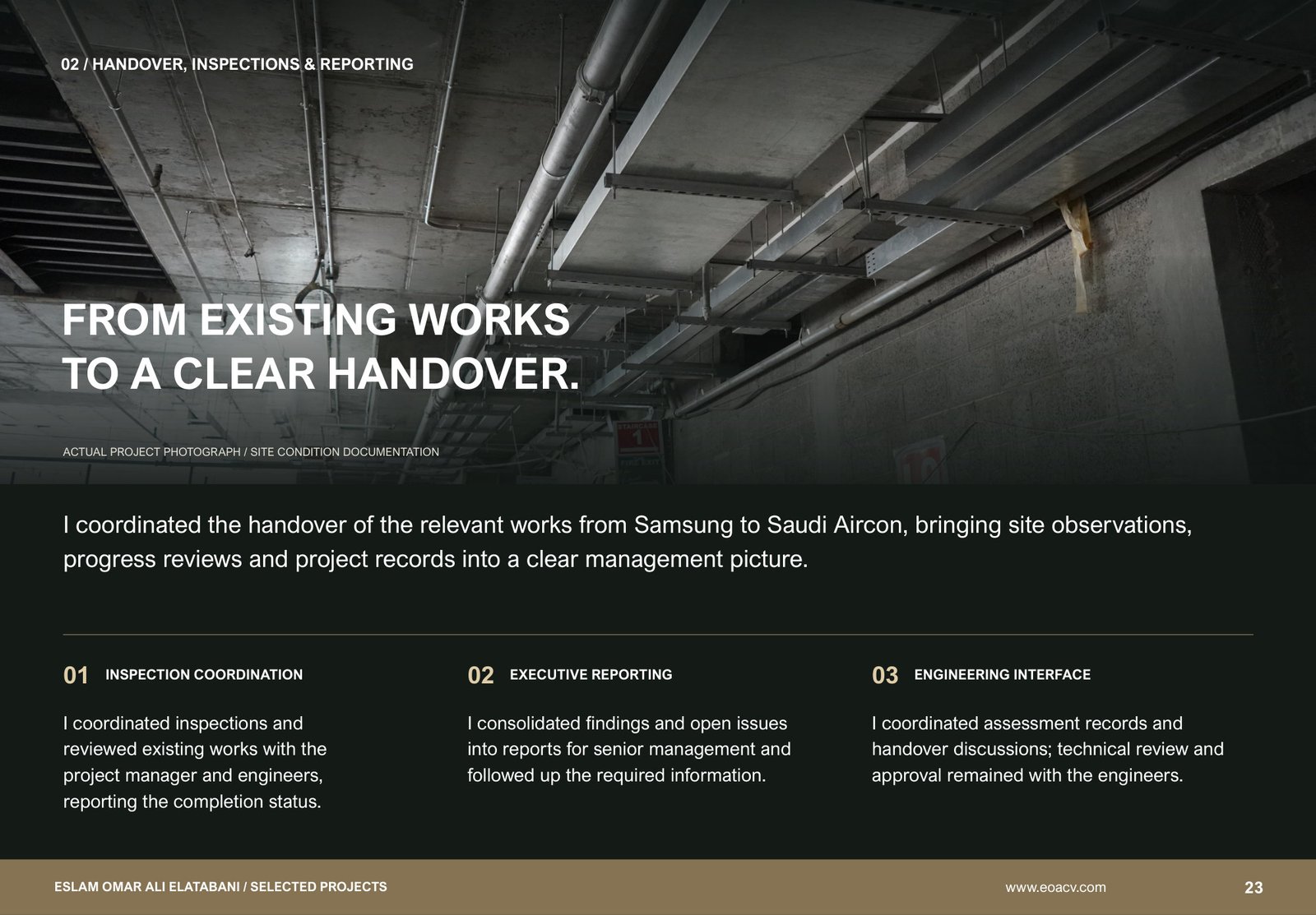 Handover, inspections and executive reporting