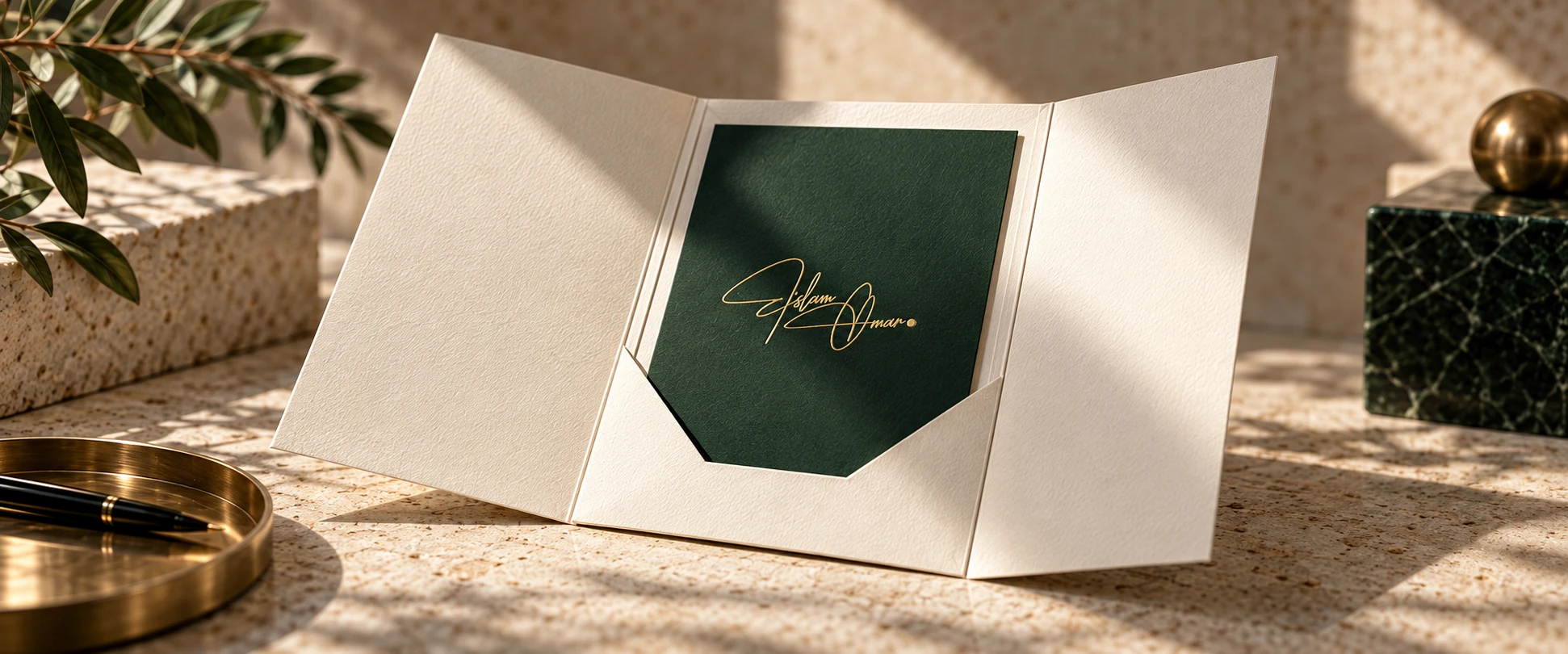 A cream invitation with Eslam Omar’s signature in gold foil on a forest-green card, in warm natural light.